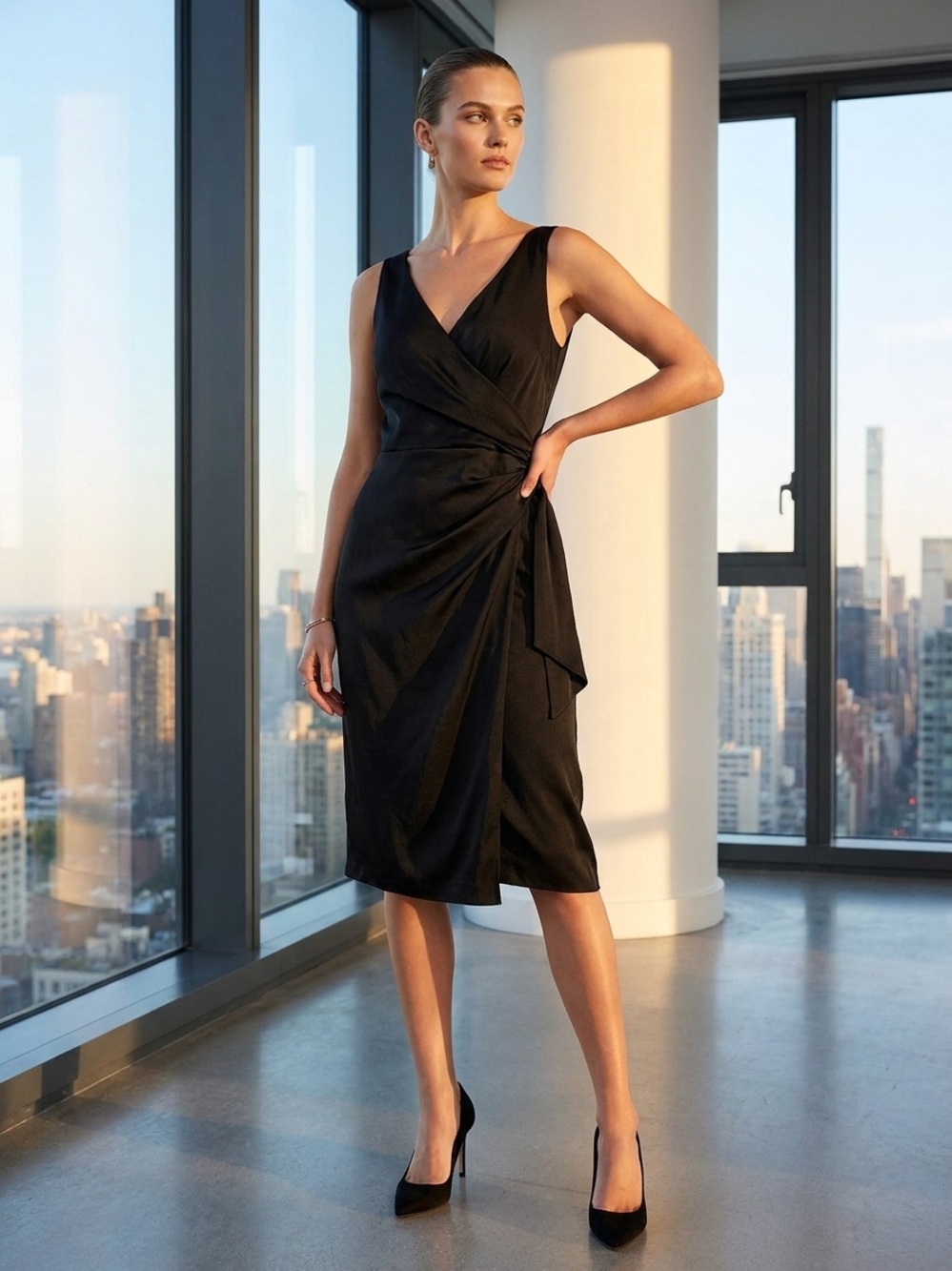 White House Black Market Black Sleeveless Wrap-Front Dress